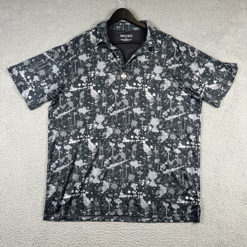 Pins And Aces Polo Mens 2XL Black Paint Splatter Golf Performance Stretch‎ Shirt